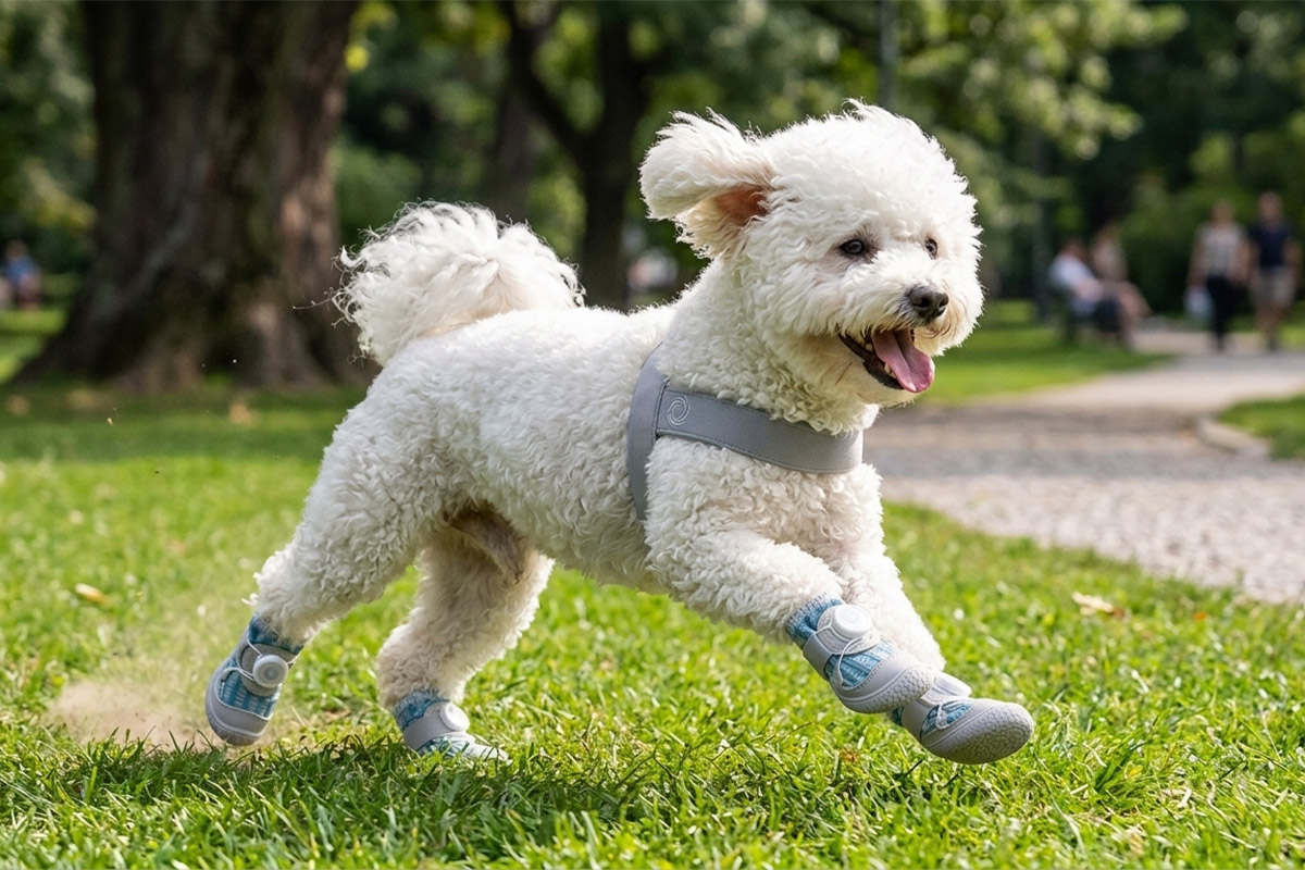 A white Bichon Frise dog running dynamically across green park grass wearing denim blue dial-system dog shoes.