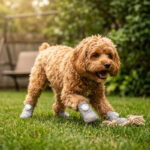 A small brown fluffy dog playing with a rope toy on backyard lawn grass wearing silver gray adjustable rotary buckle dog shoes.