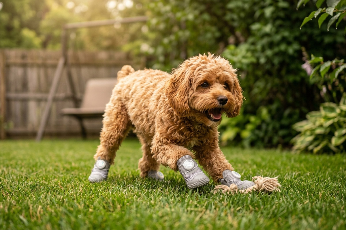 A small brown fluffy dog playing with a rope toy on backyard lawn grass wearing silver gray adjustable rotary buckle dog shoes.