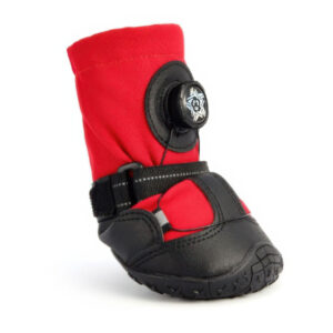 Side angle profile of red adjustable secure fit dog shoes emphasizing the sleek placement of the mechanical dial.
