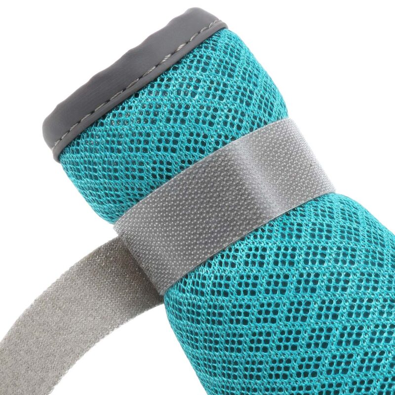 Close-up profile of an ocean teal adjustable small dog walking shoe with its long microfiber wrap strap fully opened.