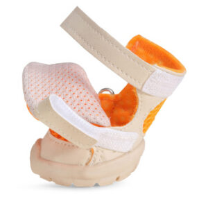 Open view of orange adjustable small dog walking shoes illustrating the extended microfiber leather velcro path and open collar entry.
