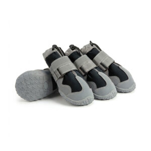 Black All Terrain Hiking Shoes for Dogs Trio Obsidian black all terrain hiking shoes for dogs featuring sleek dark technical fabrics and contrasting silver reflective lines.