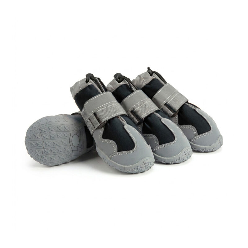 Black All Terrain Hiking Shoes for Dogs Trio Obsidian black all terrain hiking shoes for dogs featuring sleek dark technical fabrics and contrasting silver reflective lines.