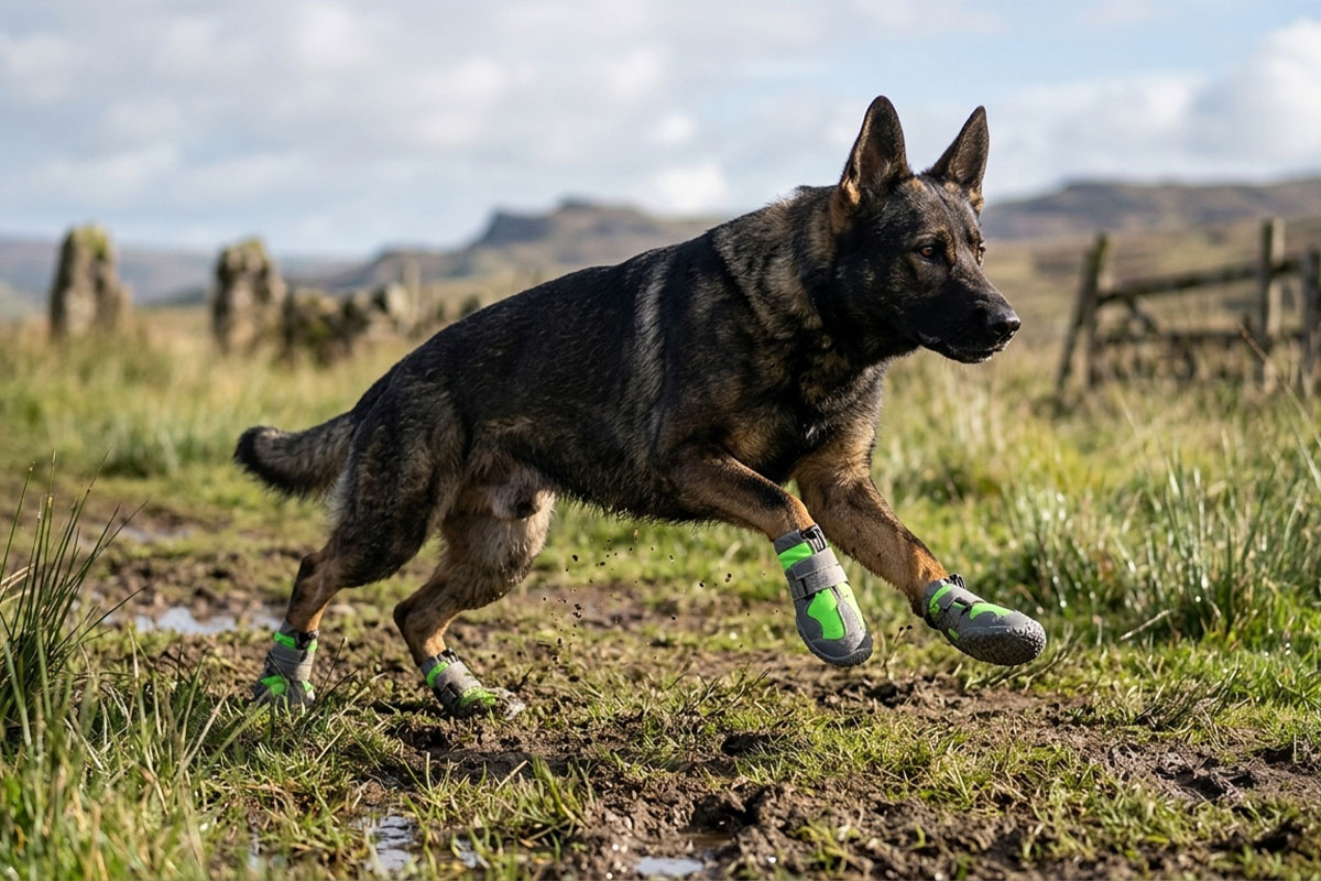 A German Shepherd dog in full sprint across a wet muddy grass field wearing green all terrain hiking shoes for dogs.