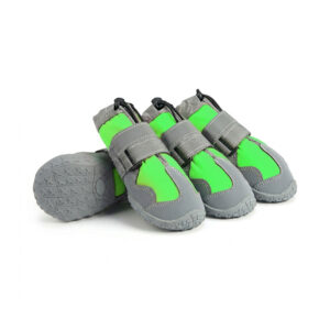 Green All Terrain Hiking Shoes for Dogs Pack Lime green all terrain hiking shoes for dogs showing extended ankle cuffs and grey protective space leather toe panels.