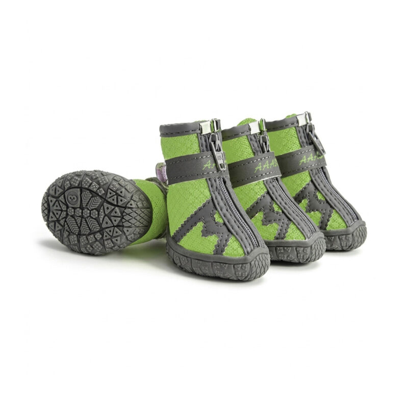 Green Breathable Mesh Zipper Dog Shoes Lime green all-weather waterproof zipper dog shoes in a breathable spring mesh configuration with adjustable straps.