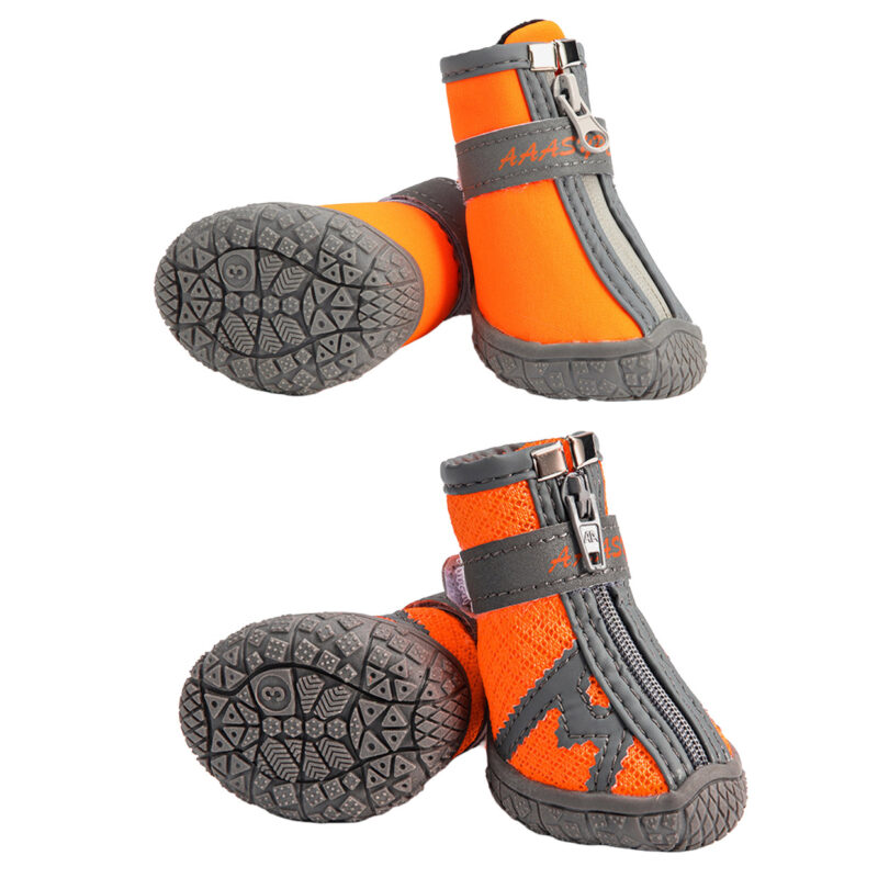 Orange Waterproof Soft Shell and Breathable Mesh Shoes Comparison Orange waterproof soft shell dog shoe paired beside an orange breathable mesh shoe for hot pavement variant.