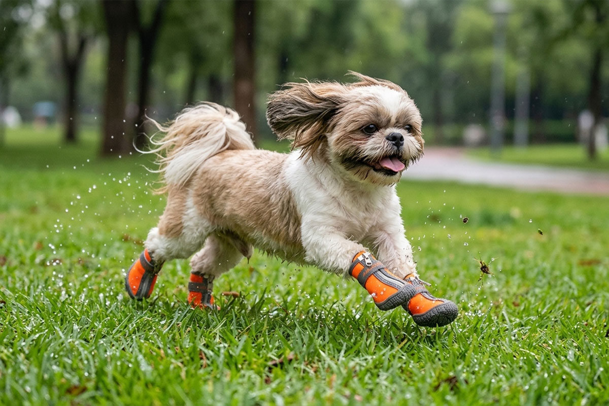 A small Shih Tzu dog sprinting fast on green lawn grass wearing orange zippered all-weather waterproof dog shoes.