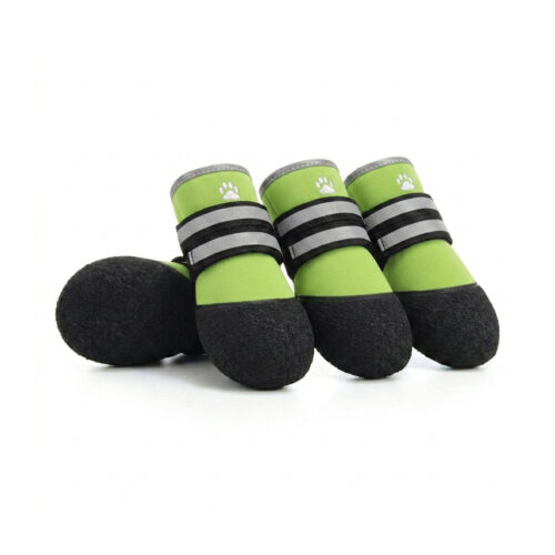 Green anti-slip neoprene dog shoes showcasing the high-walled black rubber outsoles and double reflective bands.