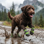 A curly-coated brown water dog sprinting dynamically through a muddy trail wearing green anti-slip neoprene dog shoes.