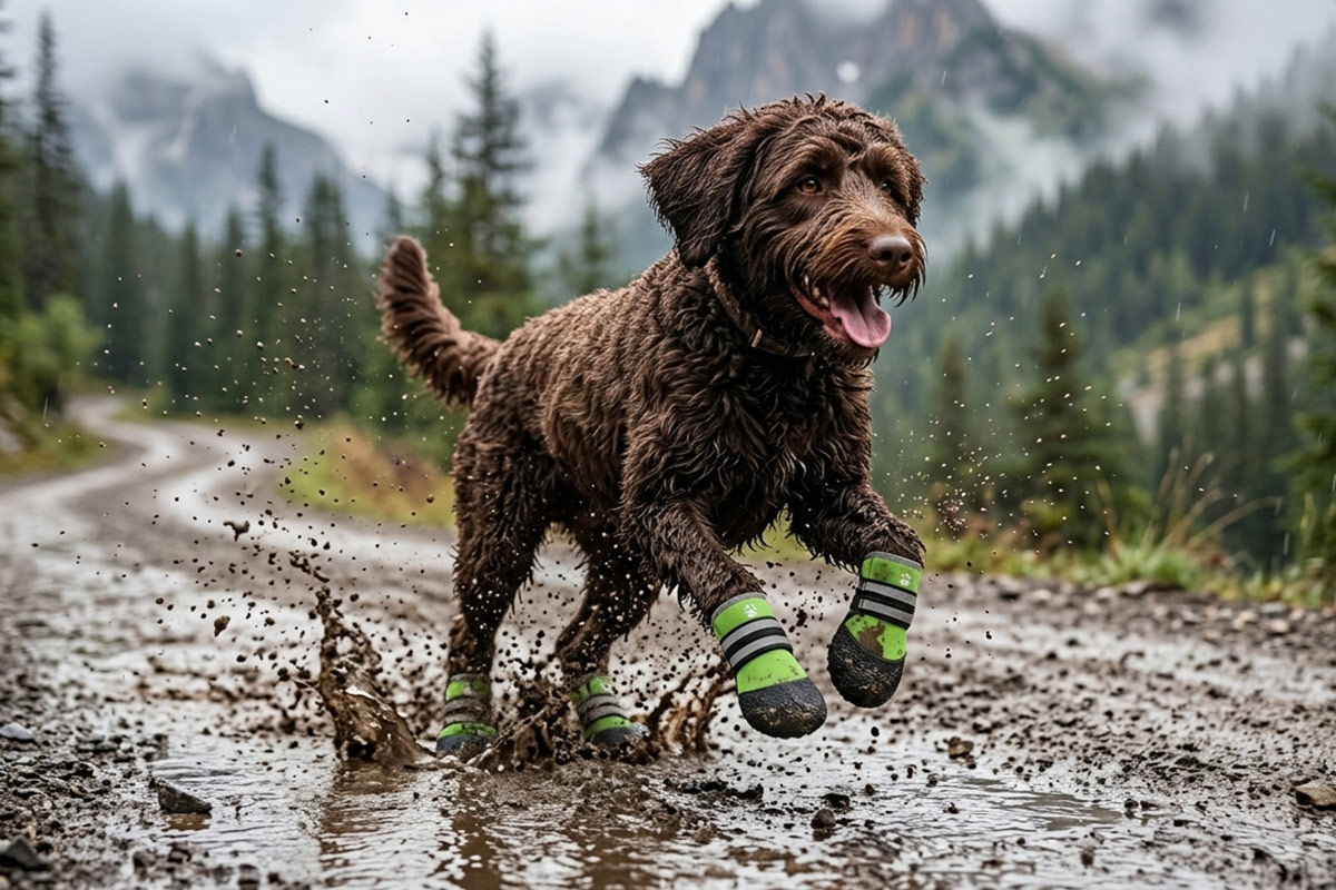 A curly-coated brown water dog sprinting dynamically through a muddy trail wearing green anti-slip neoprene dog shoes.