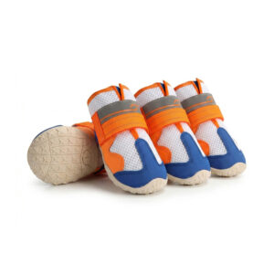 Orange Anti-Slip Rubber Sole Dog Shoes Pack Vibrant orange and blue anti-slip rubber sole dog shoes showcasing the flexible beige multi-terrain tread.