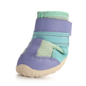 Flexible Protective Rubber Toe Cap Detail Angled front shot of purple anti-slip rubber sole dog shoes emphasizing the flexible curved rubber toe cap.