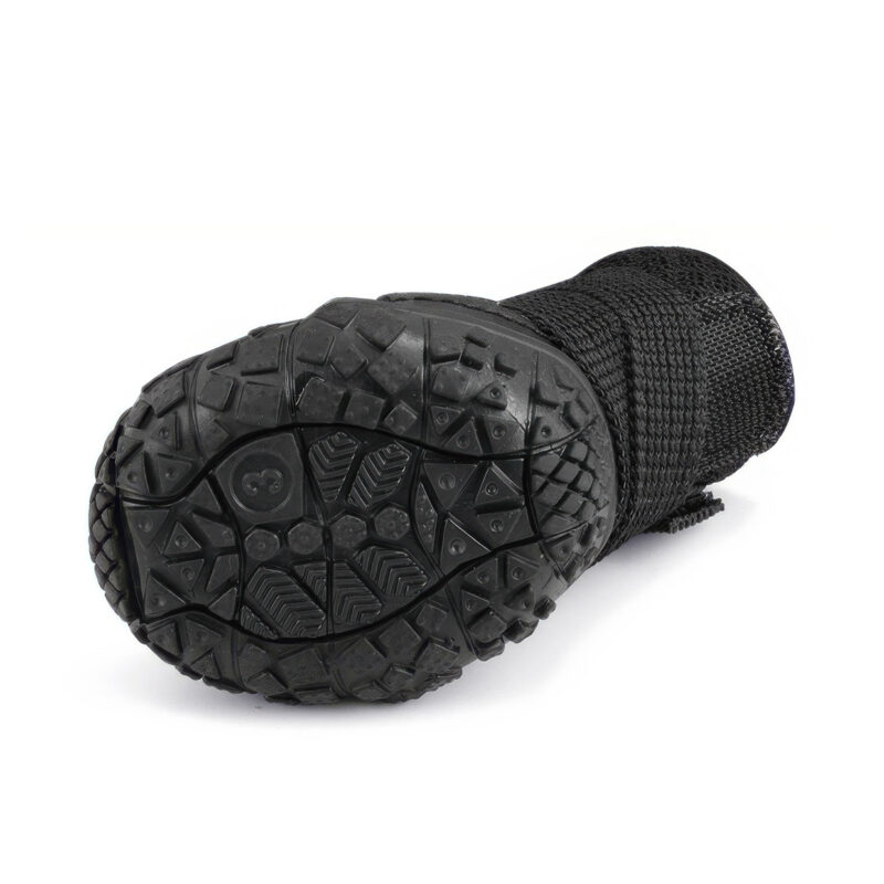 Underneath look at the black anti-slip rubber sole paw protectors detailing the raised diamond traction block profiles.