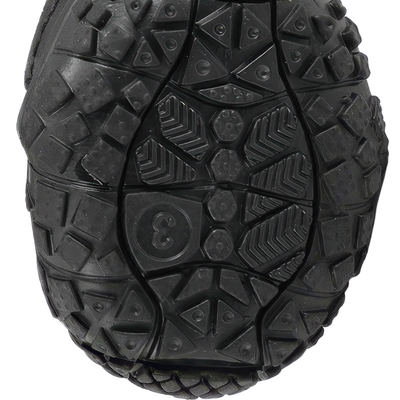 Underneath look at the traction grid profile of black anti-slip rubber sole paw protectors with diamond blocks.