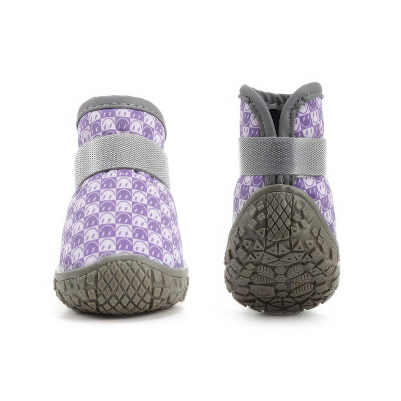 Front view paired with the underneath traction grid of purple anti-slip rubber sole paw protectors.