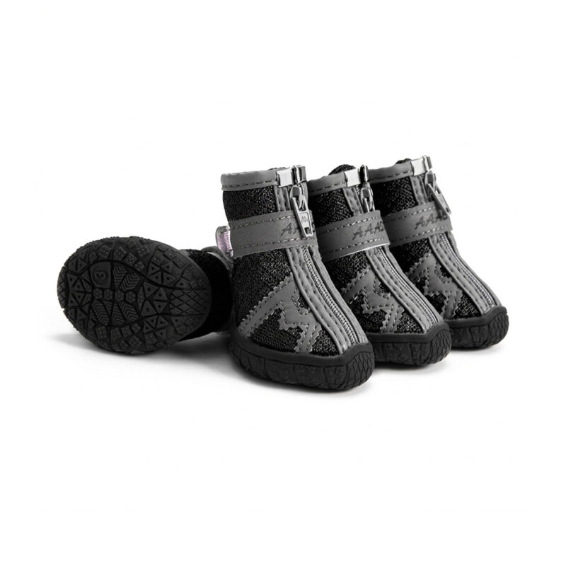 Black Breathable Mesh Zipper Dog Shoes Obsidian black anti-slip rubber sole pet shoes with lightweight breathable summer mesh panels for maximum paw ventilation.
