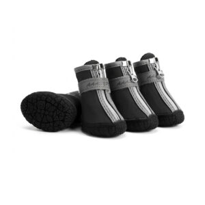 Black Waterproof Soft Shell Zipper Dog Boots Obsidian black anti-slip rubber sole pet shoes with insulated soft shell construction and adjustable hook and loop bands.