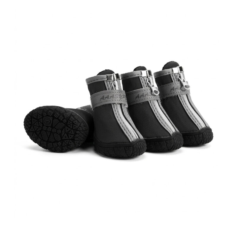 Black Waterproof Soft Shell Zipper Dog Boots Obsidian black anti-slip rubber sole pet shoes with insulated soft shell construction and adjustable hook and loop bands.