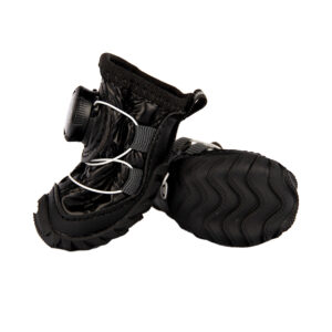 Stealth Black Anti-Slip Snow Walking Dog Shoes Outsole Front view and underneath diamond wave tread look at stealth black anti-slip snow walking dog shoes with black soles.