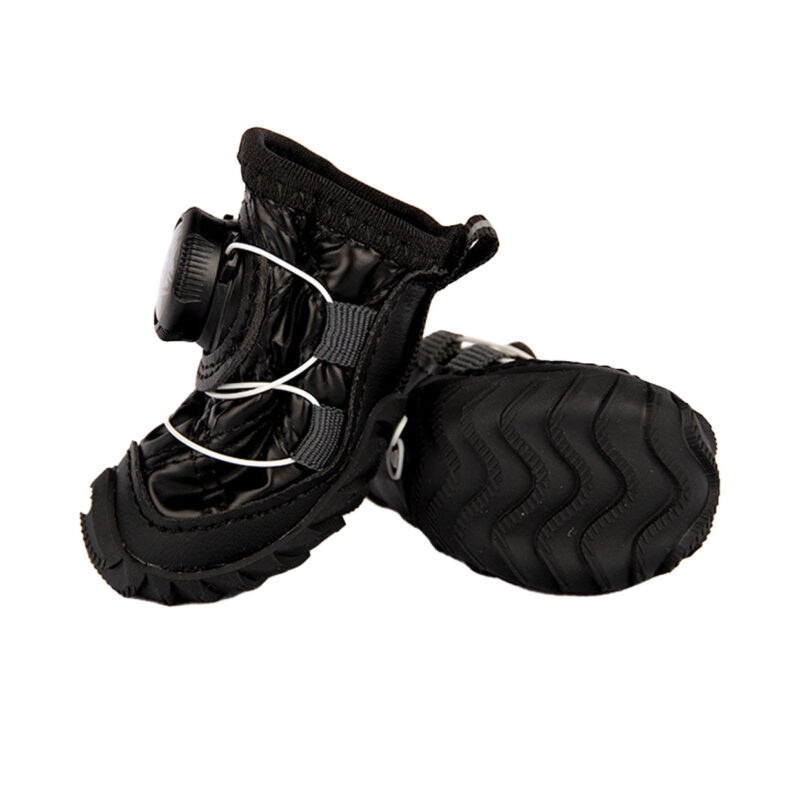 Stealth Black Anti-Slip Snow Walking Dog Shoes Outsole Front view and underneath diamond wave tread look at stealth black anti-slip snow walking dog shoes with black soles.