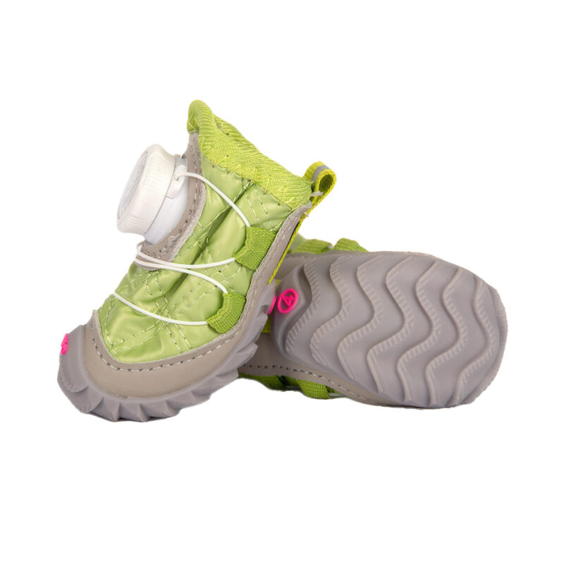 Mint Green Anti-Slip Snow Walking Dog Shoes Outsole Front angle and underneath traction block look at mint green anti-slip snow walking dog shoes showing deep wave grooves.