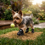 A small Yorkshire Terrier dog running fast across wet grass with a tennis ball wearing stealth black anti-slip snow walking dog shoes.