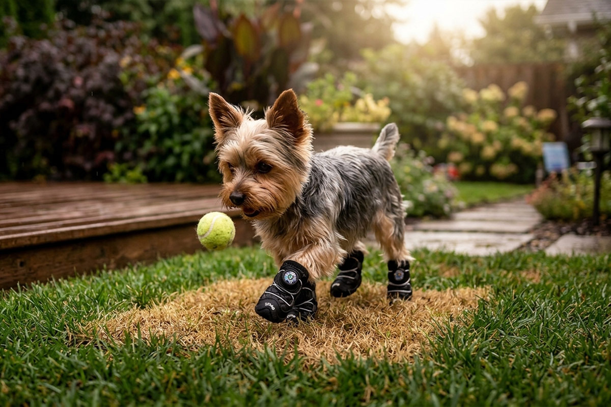A small Yorkshire Terrier dog running fast across wet grass with a tennis ball wearing stealth black anti-slip snow walking dog shoes.