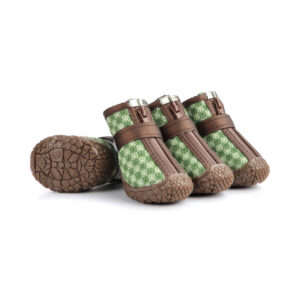 Gray and Olive Anti-Slip TPR Sole Pet Shoes Set Gray and olive green anti-slip tpr sole pet shoes with brown leather side wraps and dark brown geometric treads.