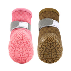 Thermoplastic Rubber Outsole Traction Tread Comparison Underneath profile comparing pink and tan anti-slip TPR sole pet shoes illustrating geometric non-slip suction tread layouts.