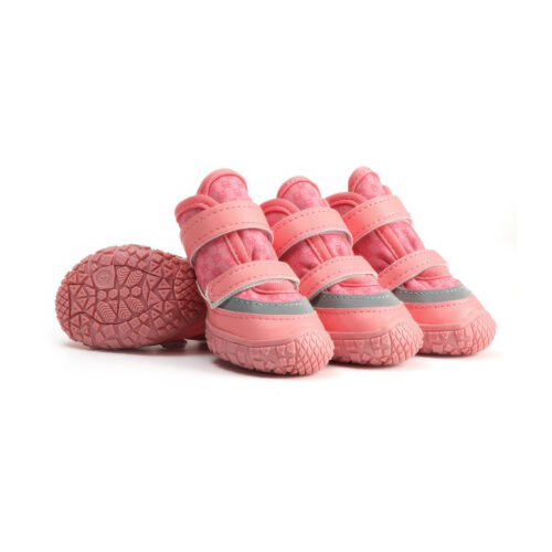 Blush pink anti-slip waterproof dog shoes showing monogram paw prints, pink leather mudguards, and white double velcro straps.