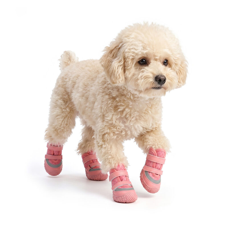 A small cream Toy Poodle walking on a white background wearing blush pink anti-slip waterproof dog shoes.
