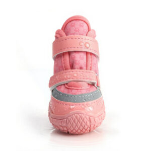 Front look at a blush pink anti-slip waterproof dog shoe with water droplets beads sliding off the hydrophobic stretch shell.