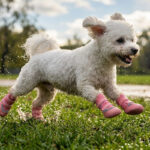 A small white Bichon Frise dog running dynamically across wet park grass wearing blush pink anti-slip waterproof dog shoes.