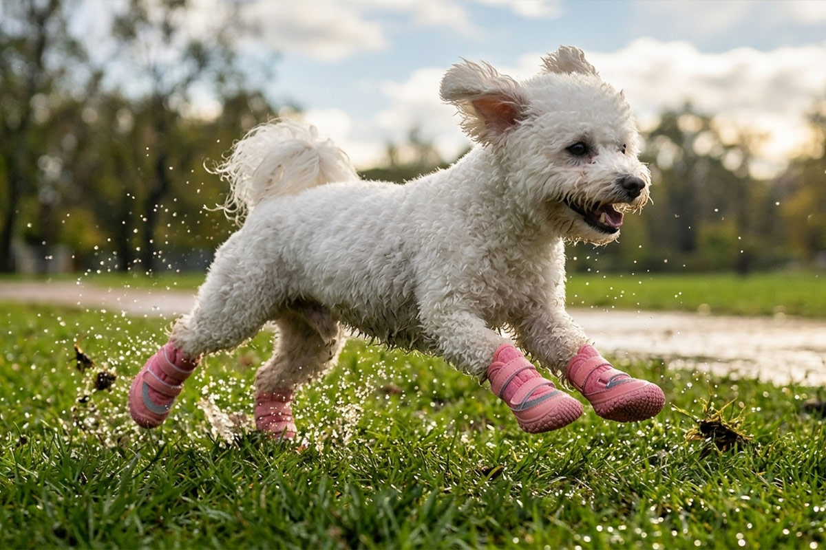 A small white Bichon Frise dog running dynamically across wet park grass wearing blush pink anti-slip waterproof dog shoes.