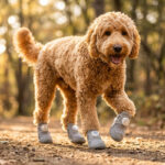 An apricot Golden Doodle walking along a dirt forest path wearing silver gray breathable dial-fit dog shoes.