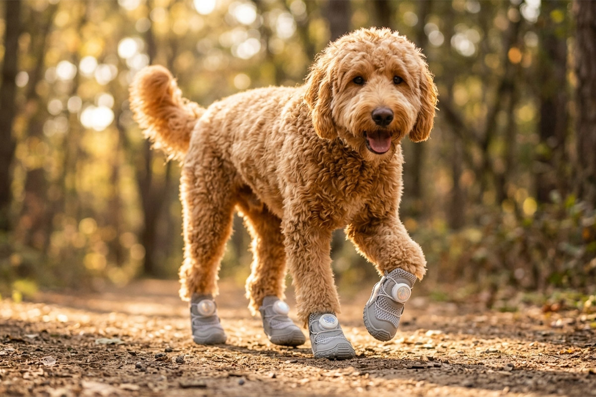 An apricot Golden Doodle walking along a dirt forest path wearing silver gray breathable dial-fit dog shoes.