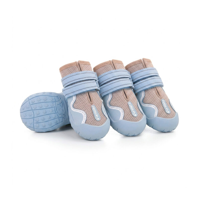 Blue Breathable Mesh Dog Shoes Set Soft blue breathable mesh dog shoes showcasing cooling open-cell uppers, light grey leather wraps, and double reflective straps.