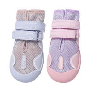 Summer Breathable Mesh Dog Shoes Color Variants Front angle comparison of blue and pink breathable mesh dog shoes highlighting clean perimeter edge trim stitching.