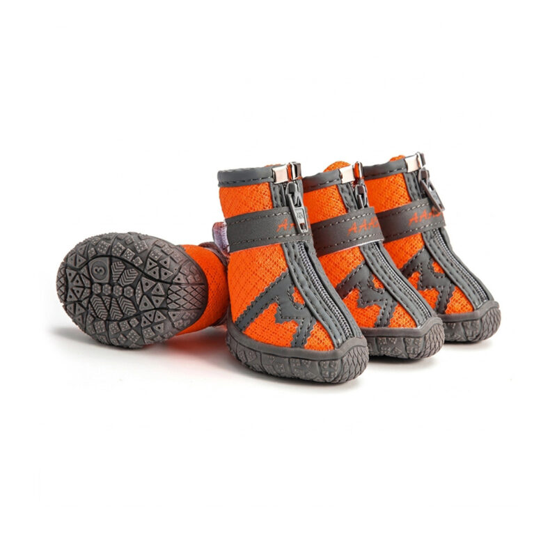 Orange Breathable Mesh Zipper Dog Shoes Orange breathable mesh shoes for hot pavement showcasing cooling open-cell mesh panels and flexible grey outsoles.