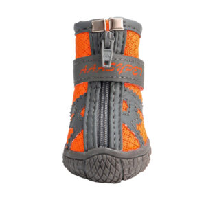 Orange Breathable Mesh Zipper Dog Shoe Front View Front angle of orange breathable mesh shoes for hot pavement showcasing cooling athletic fabric mesh and secure front zipper.