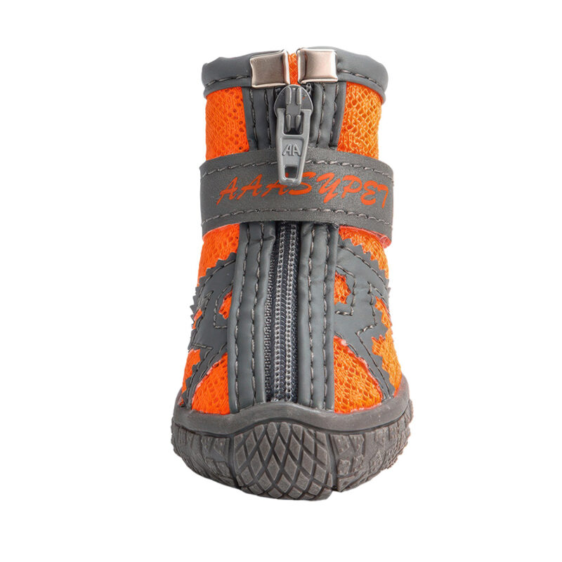 Orange Breathable Mesh Zipper Dog Shoe Front View Front angle of orange breathable mesh shoes for hot pavement showcasing cooling athletic fabric mesh and secure front zipper.