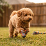 An active apricot Poodle bounding across a grassy yard wearing orange breathable mesh shoes for hot pavement.