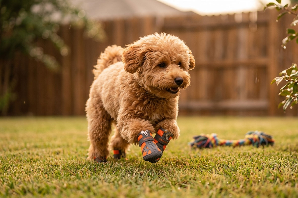 An active apricot Poodle bounding across a grassy yard wearing orange breathable mesh shoes for hot pavement.