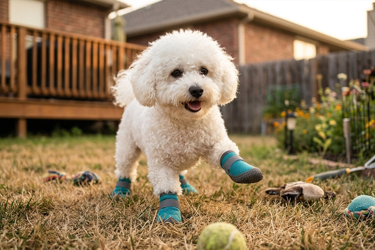 A fluffy white Bichon Frise running with one paw raised on backyard grass wearing ocean teal breathable mesh shoes.