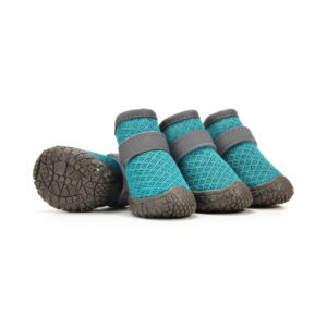Ocean teal breathable mesh shoes for small dogs displaying open-cell core grids, dark grey outsoles, and dual reflective straps.