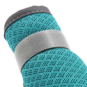 Side view detail of breathable mesh shoes for small dogs highlighting the long microfiber fastening band path.