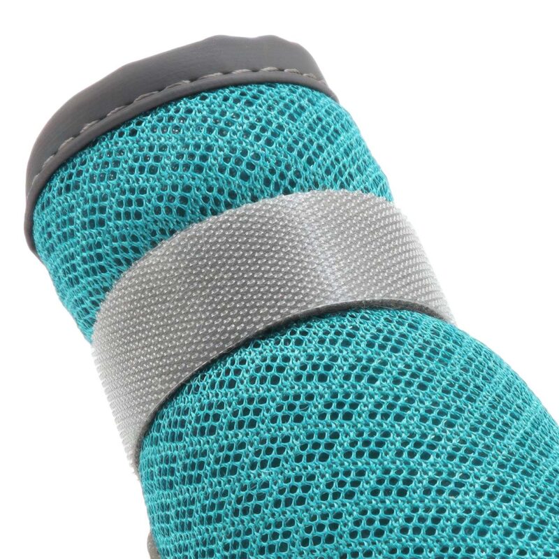 Side view detail of breathable mesh shoes for small dogs highlighting the long microfiber fastening band path.