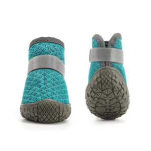 Front and underneath geometric view of ocean teal breathable mesh shoes for small dogs highlighting soft non-slip channels.